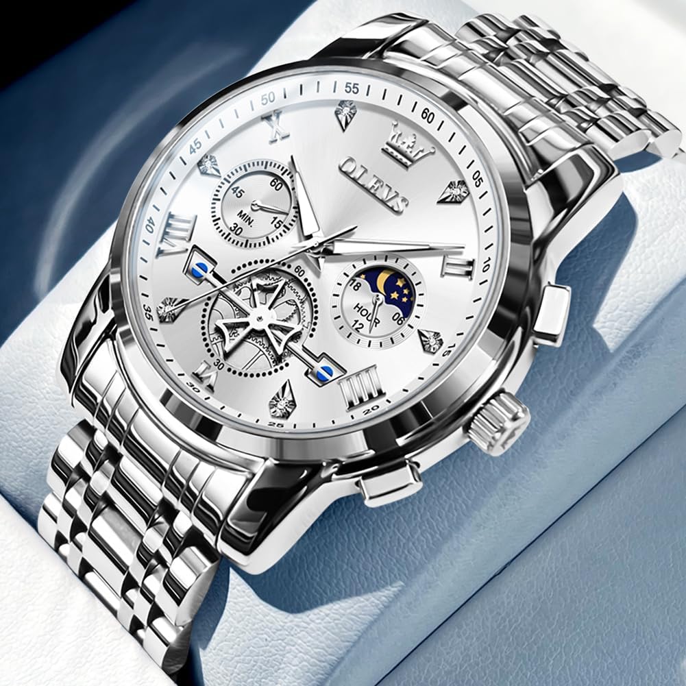 HOTOLEVS Watches Men Stainless Steel Chronograph Watch Luxury Big Face Man Dress Watches Waterproof Roman Numeral Analog Quartz Men Wrist Watch Diamond Relojes para Hombre(Silver/Black/Gold/Red/Blue)