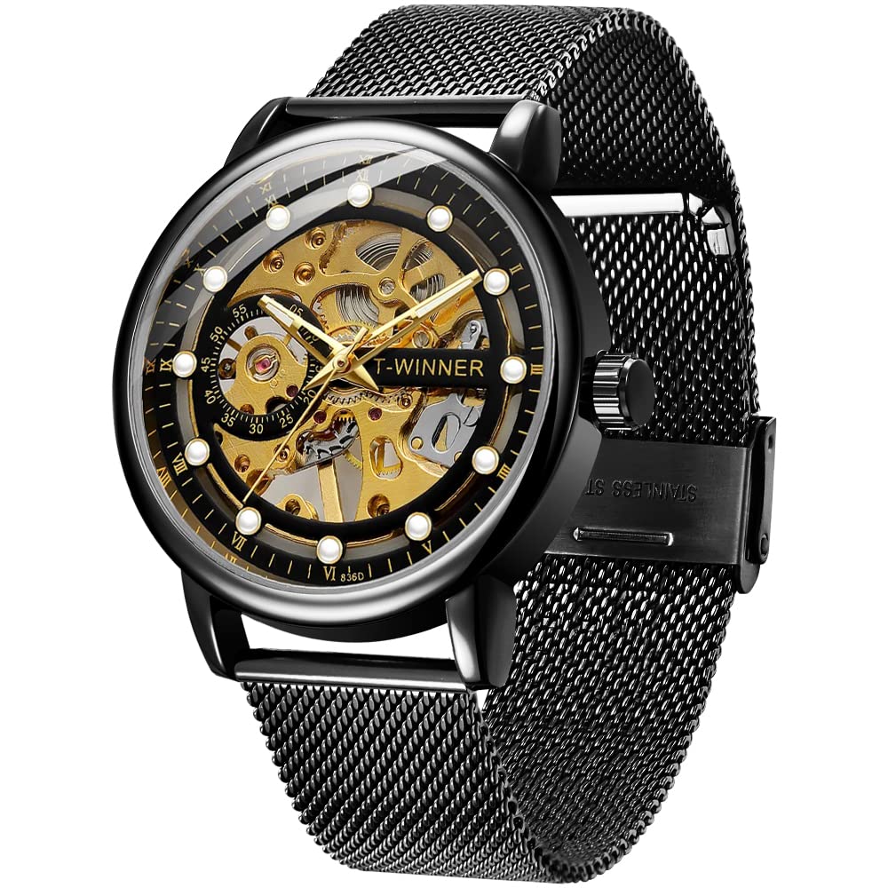 HOTMen's Skeleton Mechanical Roman Numeral Mesh Strap Watch, Hand Winding Mechanical Mesh Luminous Waterproof Watch for Men