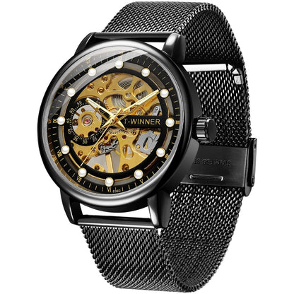 HOTMen's Skeleton Mechanical Roman Numeral Mesh Strap Watch, Hand Winding Mechanical Mesh Luminous Waterproof Watch for Men