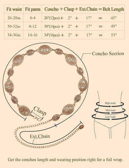 HOTTOPACC Western Metal Concho Belt for Women Cowgirl Chain Belts for Dresses Jeans Country Concert Outfit
