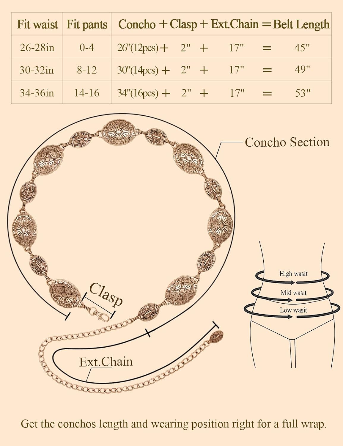 HOTTOPACC Western Metal Concho Belt for Women Cowgirl Chain Belts for Dresses Jeans Country Concert Outfit