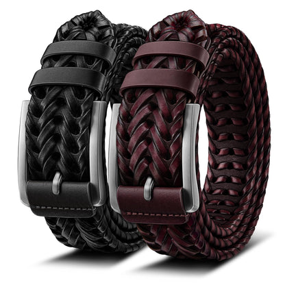 HOTBULLIANT 2-Pack Braided Woven Leather Belts for Men 1 3/8"-Gift Boxed | Holeless Understated Elegance| Breathable & Lightweight | Versatile For Golf, Casual, Jeans