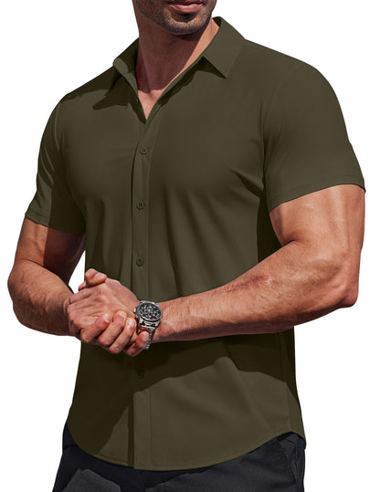 HOTCOOFANDY Mens Muscle Fit Dress Shirts Stretch Wrinkle Free Short Sleeve Button Down Shirt Casual Solid Untucked Shirt
