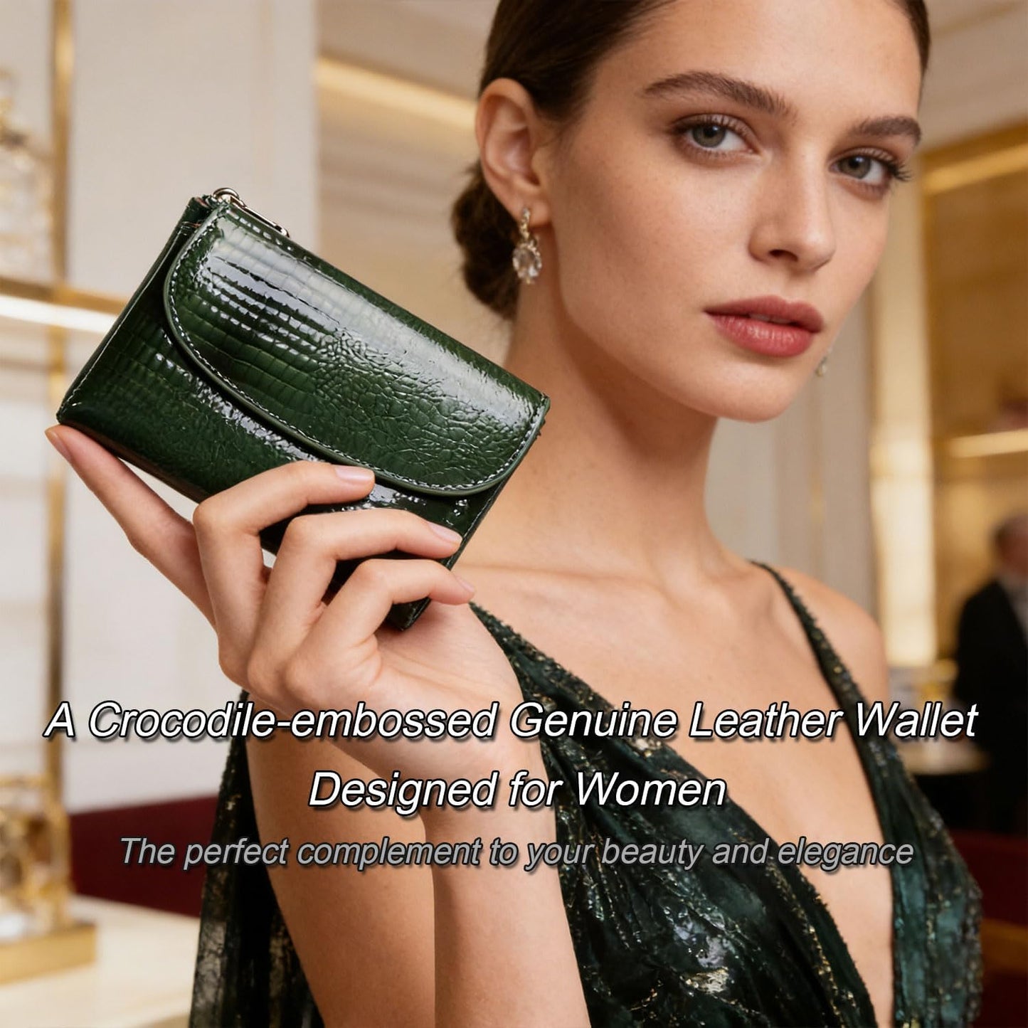 HOTWomen's Crocodile Embossed Patent Leather Wallet, RFID Blocking Card Holder, Ladies Small Trifold Wallet, Compact Purse with 10 Card Slots/ID Window/Zipper Coin Pocket - Green