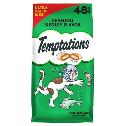 HOTTemptations Classic Crunchy and Soft Cat Treats, Seafood Medley, 30 oz | Under 2 calories per treat, 100% complete & balanced adult cat nutrition, resealable tub, use as snack, meal, or food topper