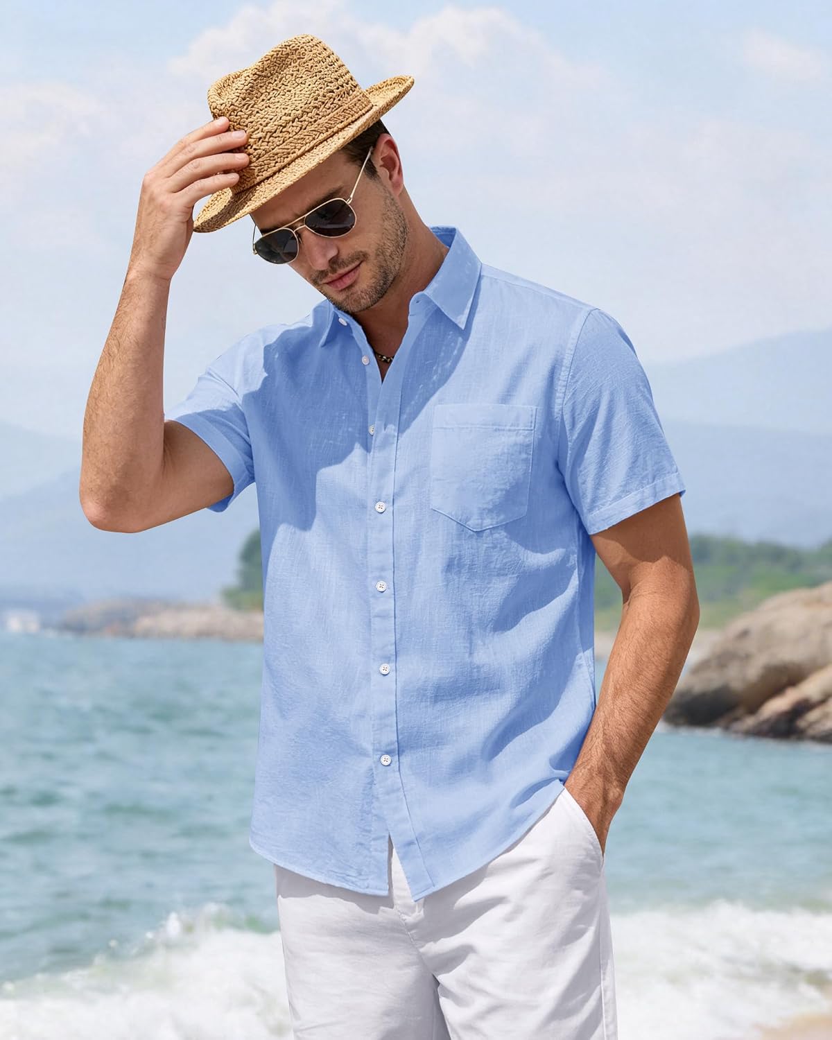 HOTJ.VER Mens Linen Shirt Short Sleeve Button Down Casual Summer Shirts | Cotton Linen, Untucked, Big Tall, from Beach Camp Vacation, Cruise Fishing, Work Office, to Wedding Party Family, with Pocket
