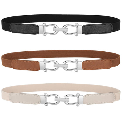 HOTJASGOOD Women Skinny Elastic Belt for Dresses,Thin Retro Stretch Waist Belt with Golden Buckle