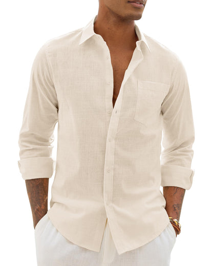 HOTAlimens & Gentle Mens Cotton Linen Textured Shirt Long Sleeve Button Down Shirts Casual Summer Beach Wedding Tops with Pocket