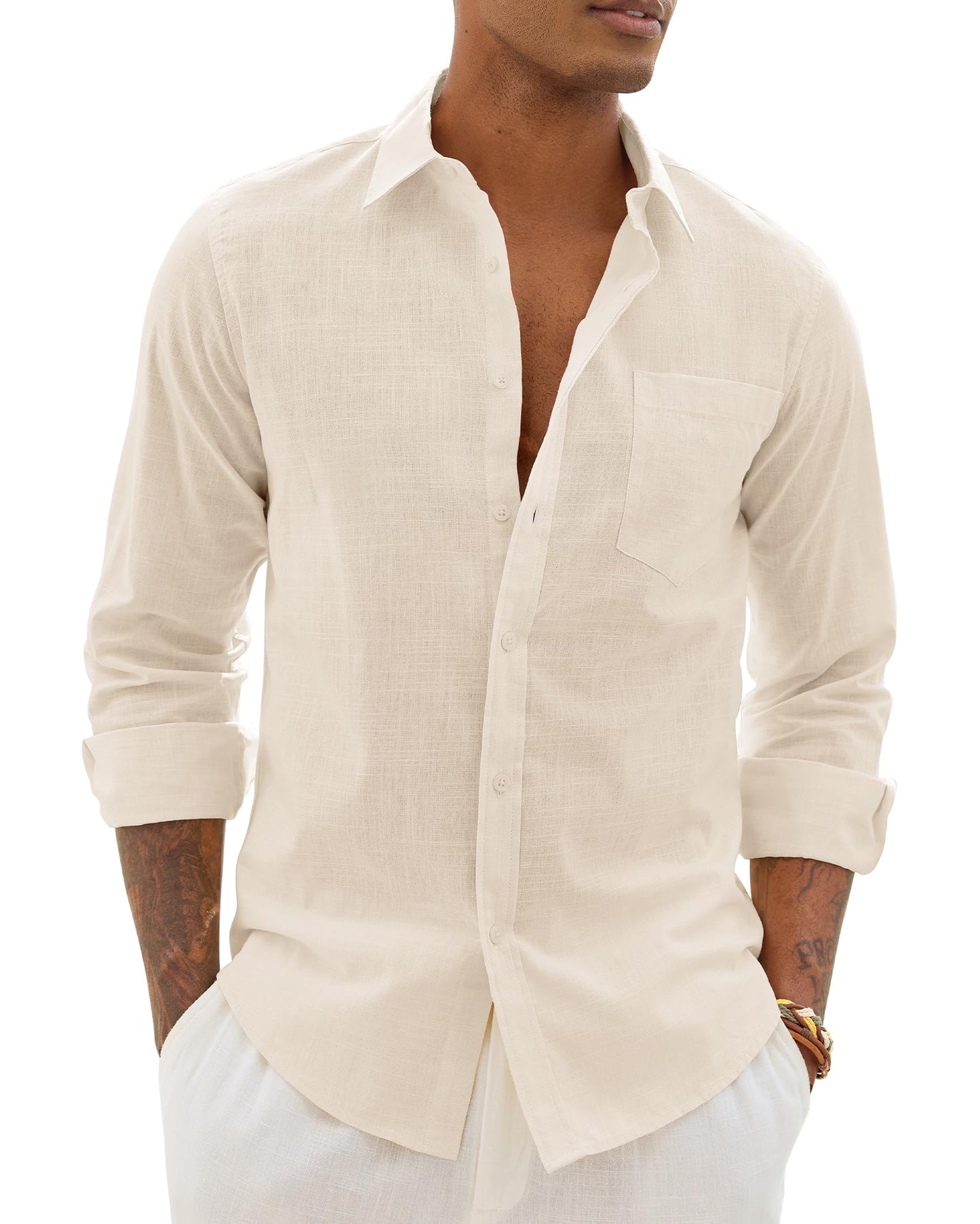HOTAlimens & Gentle Mens Cotton Linen Textured Shirt Long Sleeve Button Down Shirts Casual Summer Beach Wedding Tops with Pocket