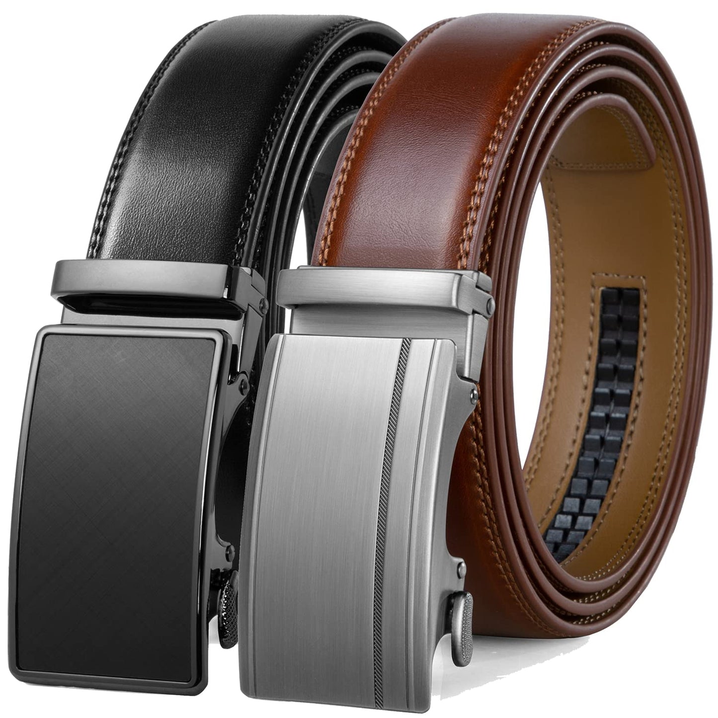 HOTFounders & C Mens Belt 2 Pack,Leather Ratchet Click Belt Dress with Slide Buckle 1 3/8" in Gift Set Box- Size Adjustable