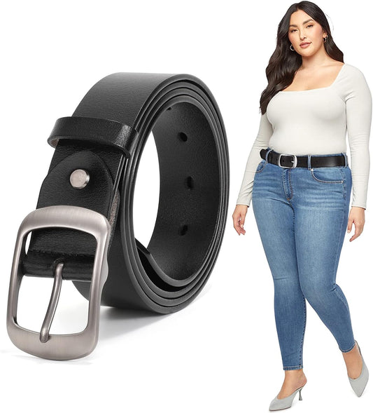 HOTJASGOOD Plus Size Women Leather Belt Black Casual Waist Belt for Jeans Pants with Metal Pin Buckle