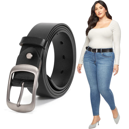 HOTJASGOOD Plus Size Women Leather Belt Black Casual Waist Belt for Jeans Pants with Metal Pin Buckle