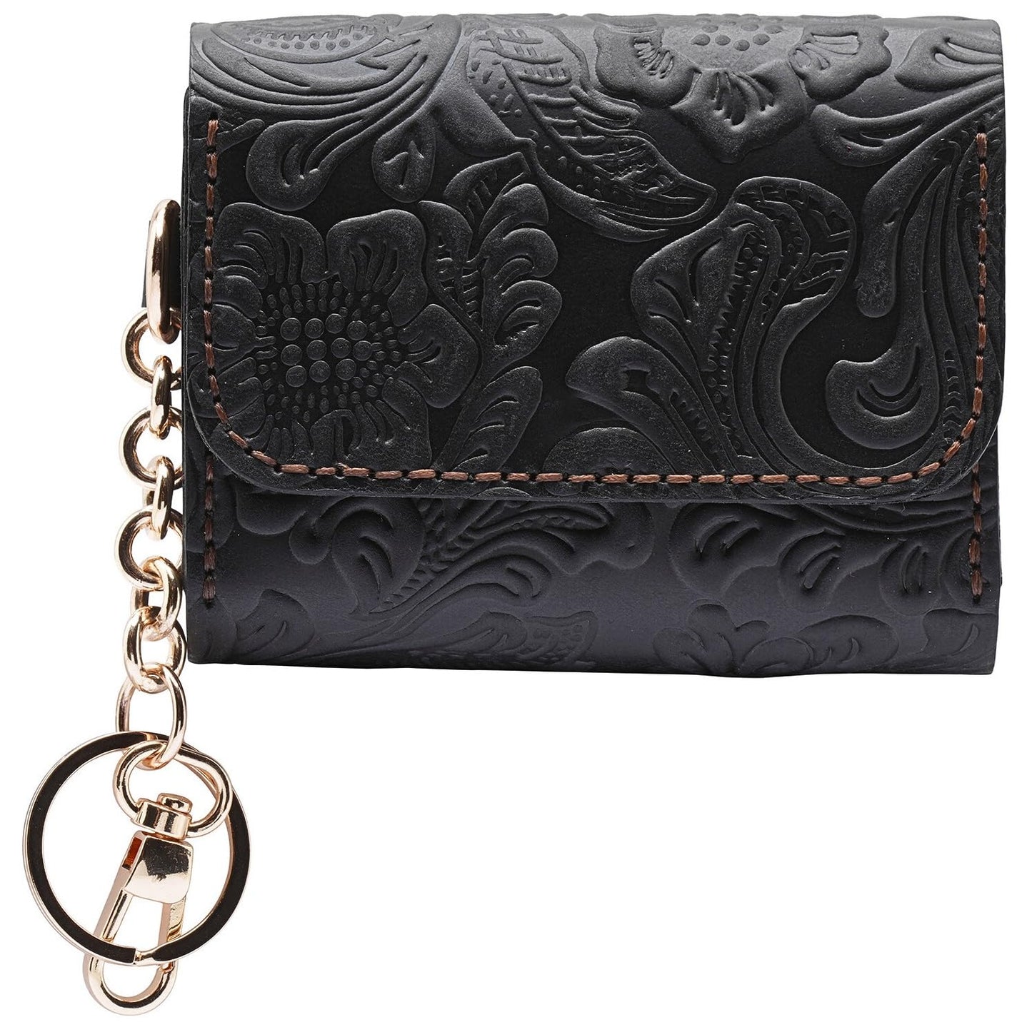 HOTHandmade Keychain Wristlet Wallets for Women, Western Floral Leather Small Credit Card Holder with Zipper, Minimalist & Cute Coin Pouch, Genuine Leather (Camel)