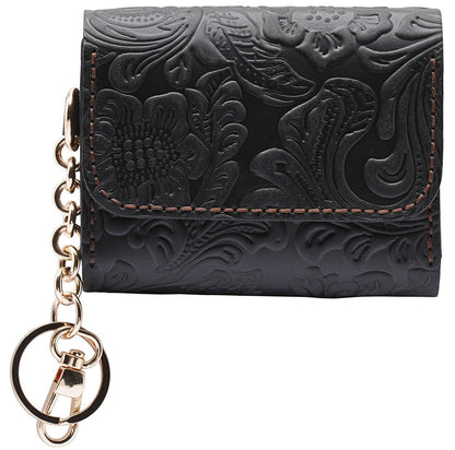 HOTHandmade Keychain Wristlet Wallets for Women, Western Floral Leather Small Credit Card Holder with Zipper, Minimalist & Cute Coin Pouch, Genuine Leather (Camel)