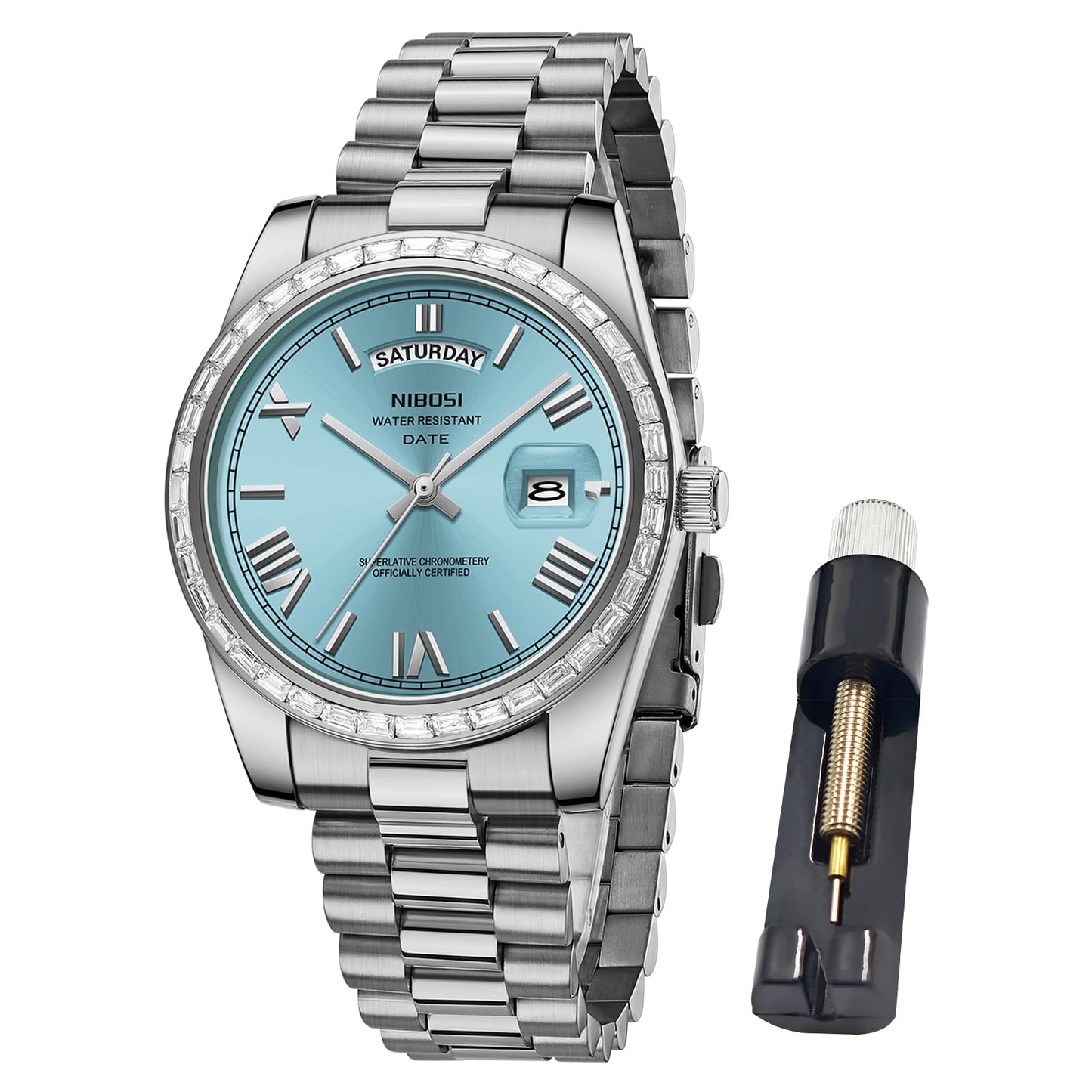 HOTNIBOSI Men's Watches Analog Quartz Diamond Bezel Stainless Steel Dial Rose Gold Silver Watches for Men Waterproof Business Classic Dress Wrist Watch with Day Date