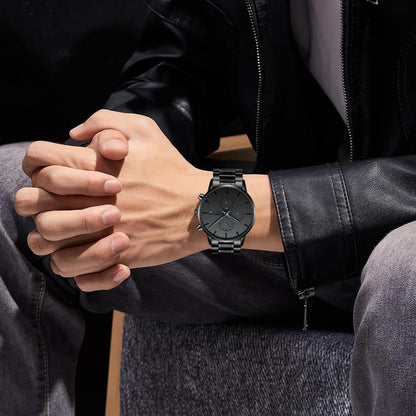 HOTNIBOSI Men's Analog Chronograph Watch, Minimalist Black Dial with Date | Waterproof Stainless Steel Strap, Business Fashion Casual Quartz Wrist Watches for Men