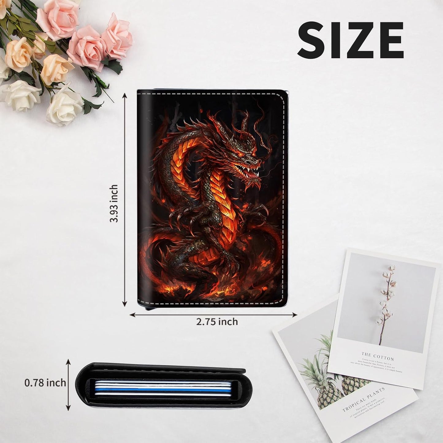 HOTAluminum Auto Pop Up Wallet Case Credit Card Holder For Women Men Girl, Leather Card Case Front Pocket Trifold Wallet with RFID Blocking Banknote Slot Slim Wallet Women, The Mighty Fire Dragon