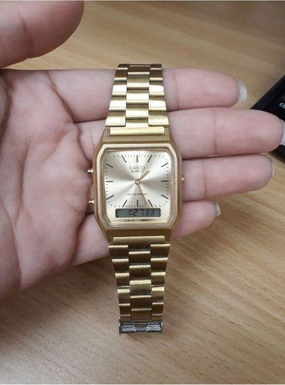 HOTCasio AQ230GA-9D Men's Analog Digital Dual Time Gold Tone Metal Band Watch