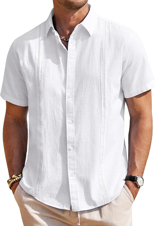 HOTMens Linen Textured Shirt Short Sleeve Button Down Cuban Guayabera Shirt | 100% Cotton, Casual Wear, Lightweight Breathable, Summer Beach, Untucked, Relaxed Fit, Vacation, Cruise, Camp, Collared