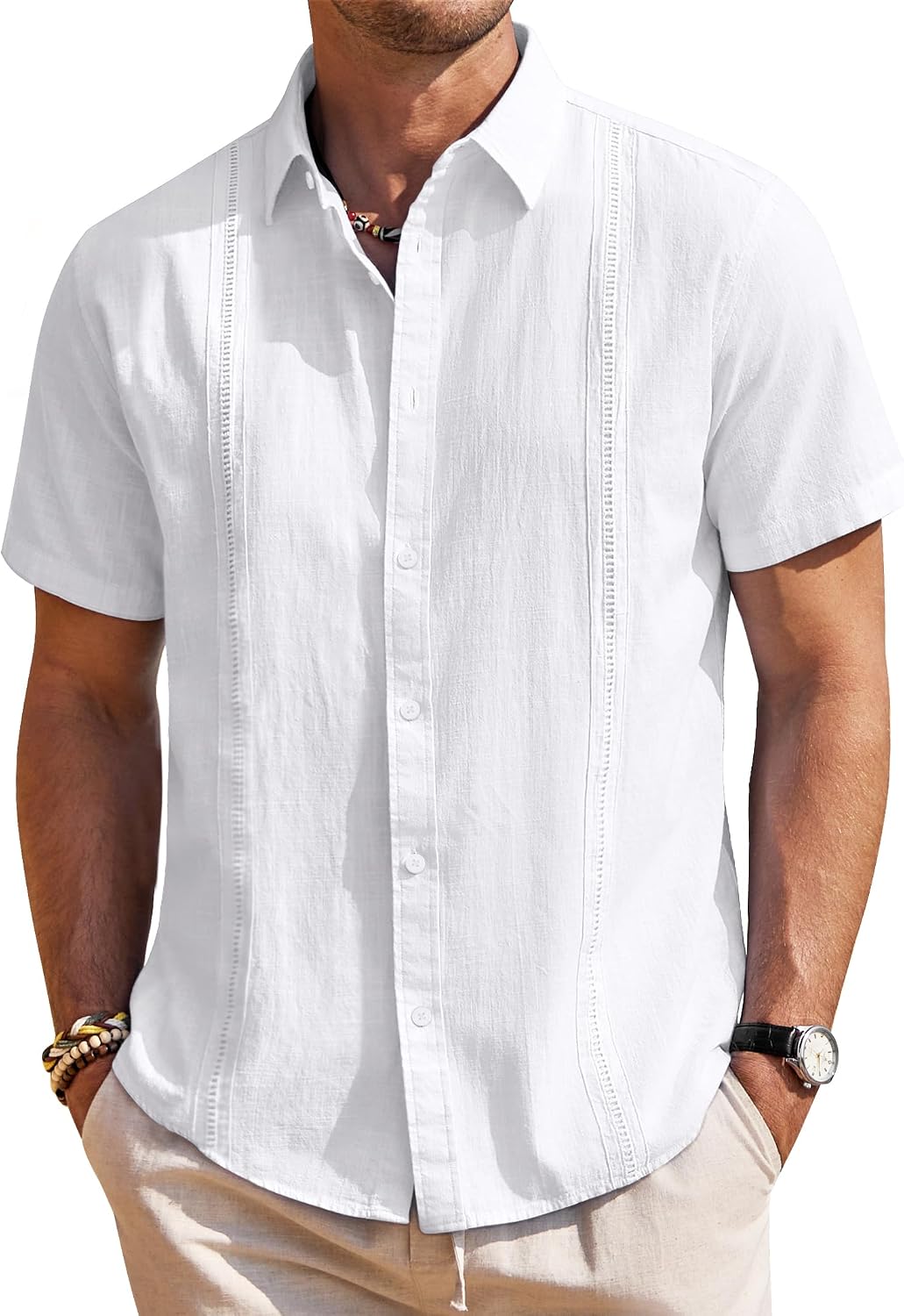 HOTMens Linen Textured Shirt Short Sleeve Button Down Cuban Guayabera Shirt | 100% Cotton, Casual Wear, Lightweight Breathable, Summer Beach, Untucked, Relaxed Fit, Vacation, Cruise, Camp, Collared