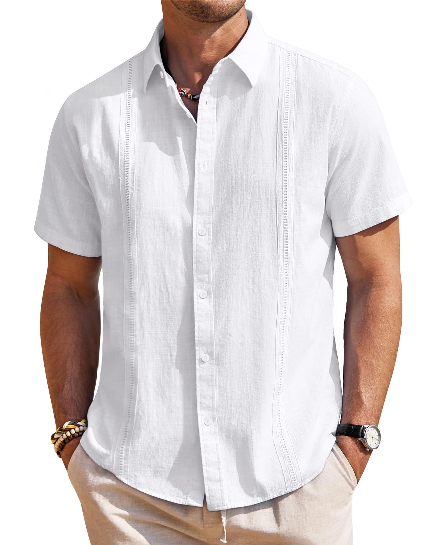 HOTMens Linen Textured Shirt Short Sleeve Button Down Cuban Guayabera Shirt | 100% Cotton, Casual Wear, Lightweight Breathable, Summer Beach, Untucked, Relaxed Fit, Vacation, Cruise, Camp, Collared