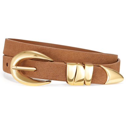 HOTXZQTIVE Women's Skinny Leather Belts Ladies Thin Waist Belts for Jeans Dress Pants Trendy Black Belt with Gold Buckle