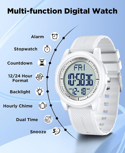 HOTBeeasy Digital Watch for Men Women, 50M Waterproof, Ultra-Thin & Lightweight, 44mm Silicone Sports Watch with Alarm, Stopwatch, Countdown, Ideal for Gym, Running, School, Daily Wear
