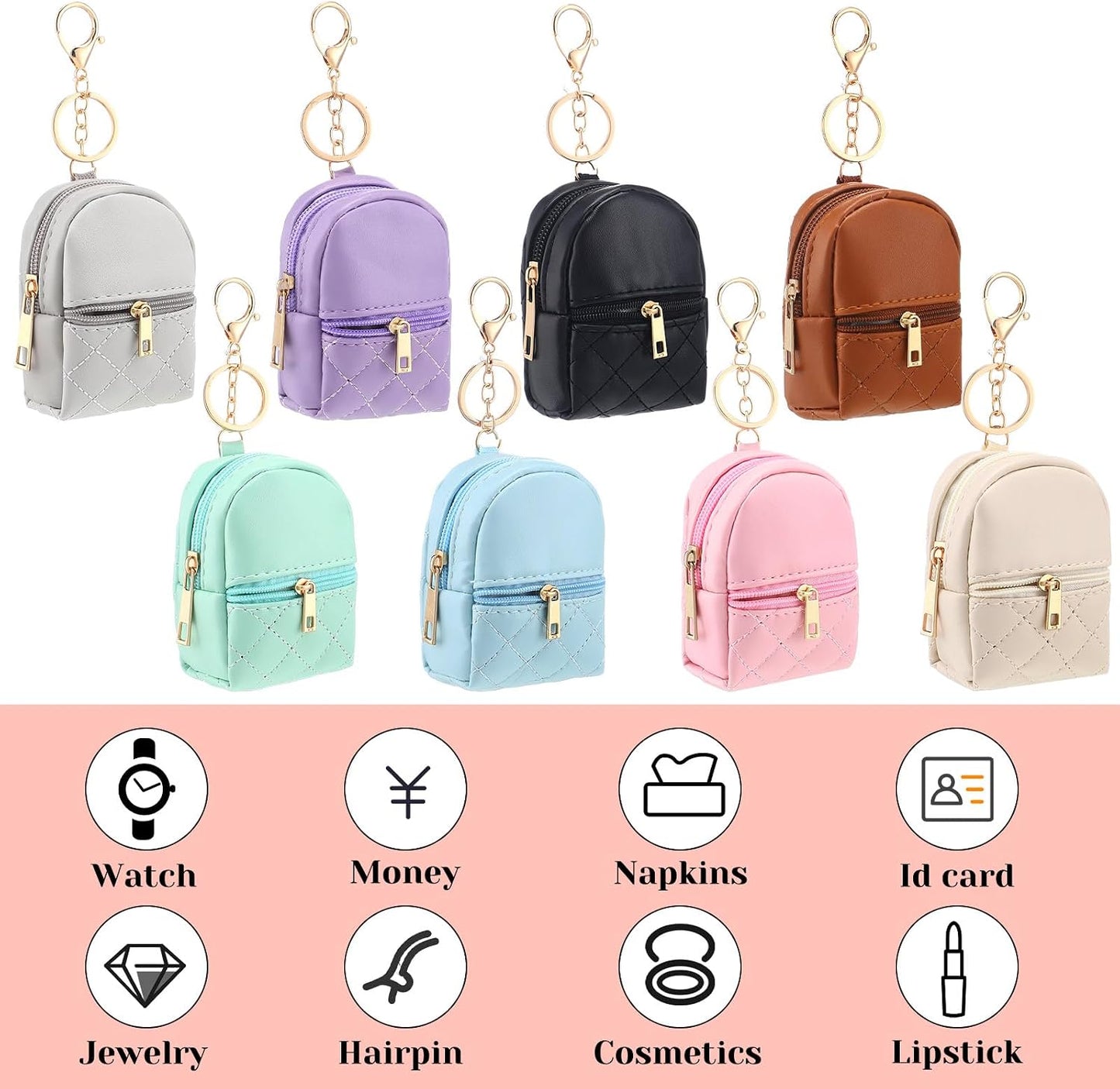 HOTLiliaafar 8 Pcs Mini Backpack Keychain Mini Coin Purses for Women Cute PU Leather Makeup Bag with Keychain, Multi Pocket Card Holder Cable Organizer Giftable Zipper Pouch (Minimalist)