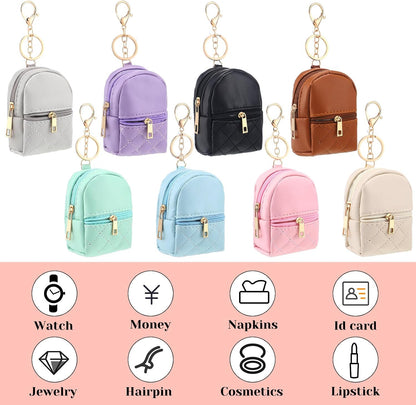 HOTLiliaafar 8 Pcs Mini Backpack Keychain Mini Coin Purses for Women Cute PU Leather Makeup Bag with Keychain, Multi Pocket Card Holder Cable Organizer Giftable Zipper Pouch (Minimalist)