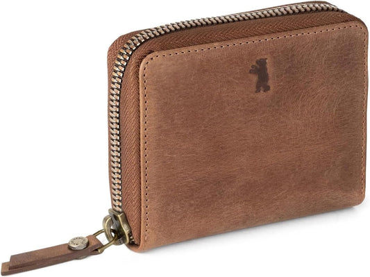 HOTBERLINER BAGS Genuine Leather Small Wallet Women Palermo, Gift Box – Brown | Soft Leather Trifold Zip Wallet, Fits Purses & Crossbody Bags, 8 Card Slots, 1 ID Window, Coin Pocket, RFID Blocking