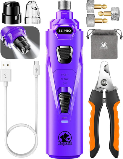 HOTWhisper Quiet Dog Nail Grinder Safe & Stress-Free for Sensitive Dogs Cats | 4 LED Lights,3 Grinding Bits, 3-Speed, Pet Nail Trimmers, Rechargeable Painless Grooming Kit for All Breeds & Sizes