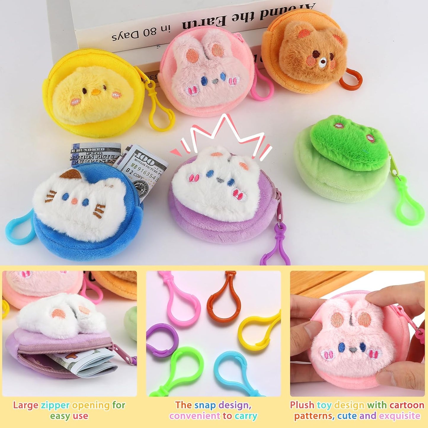 HOT24 Pcs Cute Coin Purse for Women, Kawaii Plush Coin Pouch, Mini Wallet with Zipper Keychain, Small Change Purse for Women on Back to School Halloween Christmas Exchange Gifts