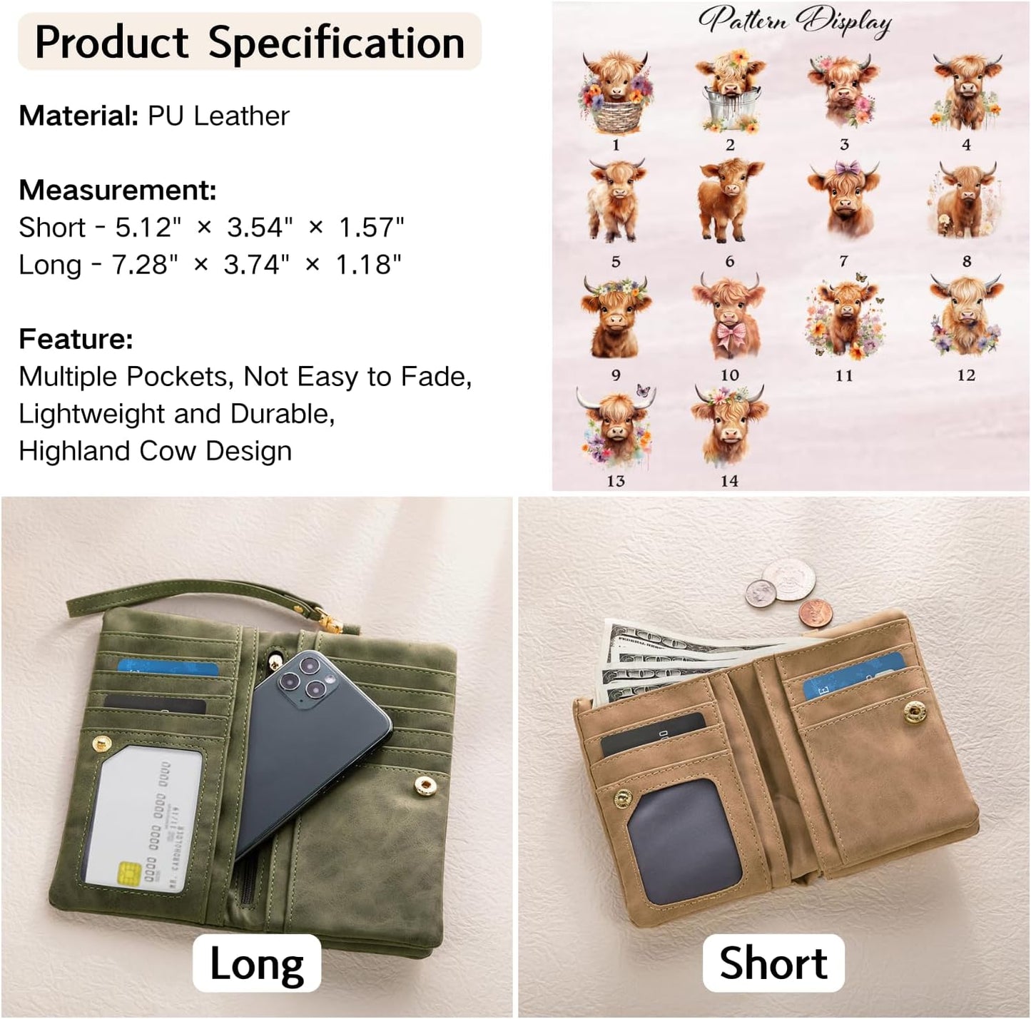 HOTCALLIE Personalized Wristlet Wallet with Cute Highland Cow Design and Name, PU Leather Credit Card Holder Wallet for Women, Travel Christmas Birthday Gift for Family Friend