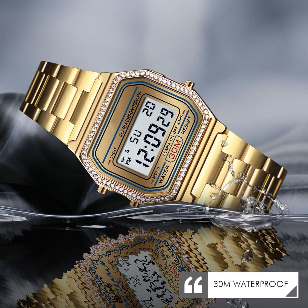 HOTPASOY Men's Digital Gold Stainless Steel Watch Backlit Multifunction Stopwatch Waterproof Sport Watches