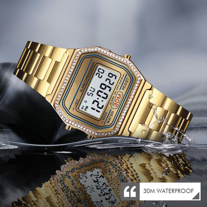 HOTPASOY Men's Digital Gold Stainless Steel Watch Backlit Multifunction Stopwatch Waterproof Sport Watches