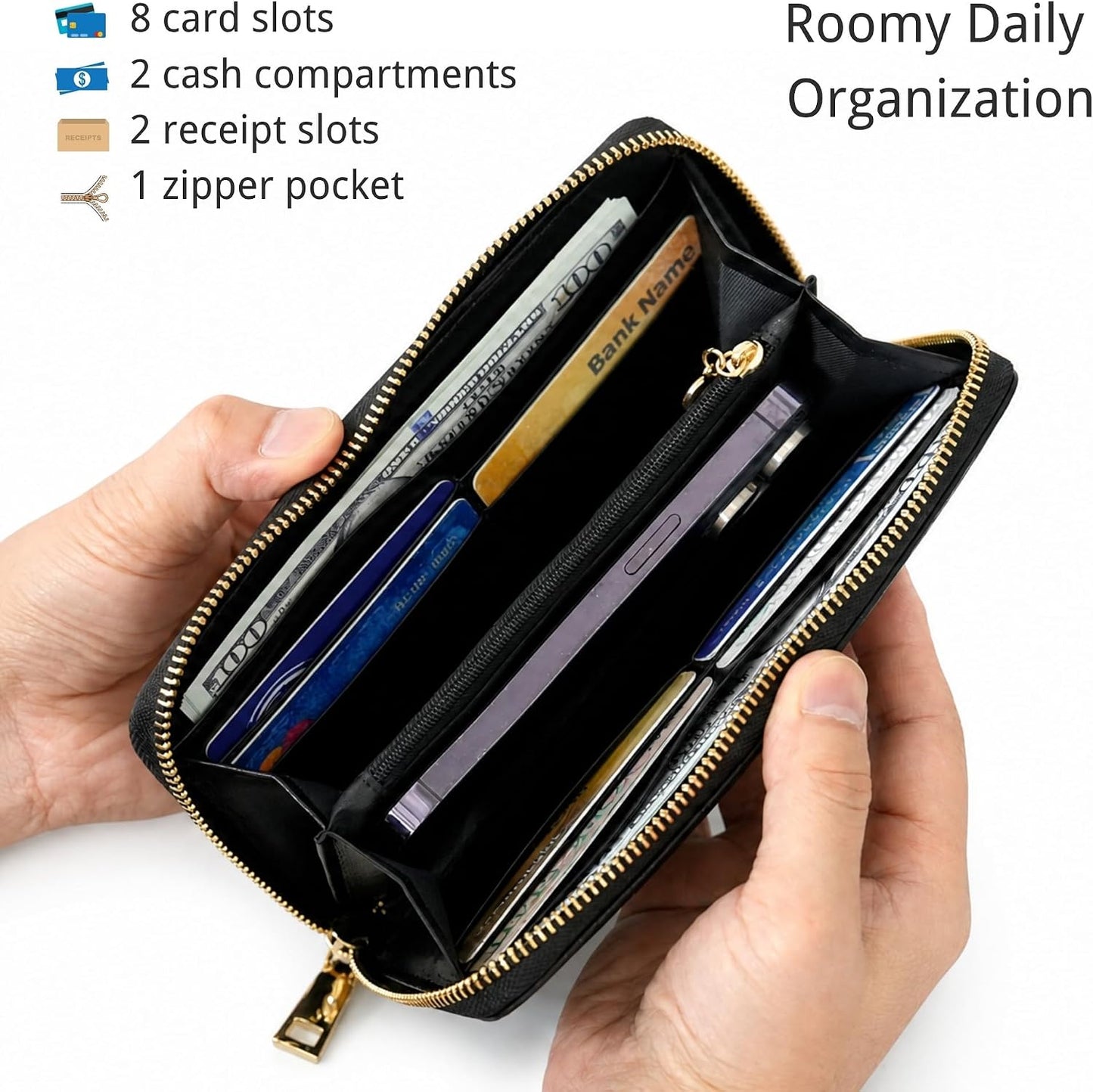 HOTANDOILT Womens RFID Blocking Genuine Leather Zip Around Wallets Large Cell Phone Holder Clutch Travel Purse Wristlet (Black)