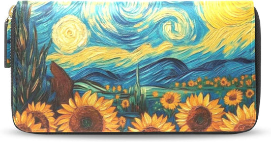 HOTMNSRUU Womens Wallet Purses, Van Gogh and Sunflowers Clutch Purses for Women RFID Blocking Credit Card Holder Wallet Leather Zipper Coin Purse