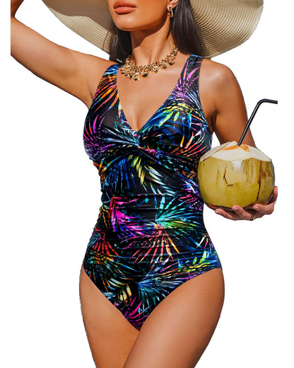 HOTWomen's Tummy Control One Piece Swimsuit Push Up Full Coverage Bathing Suit | V-Neck Twist Front, Low-Back Design, Adjustable Straps, Removable Pads, Full Coverage, Long-Torso Fit, Beach and Pool Days
