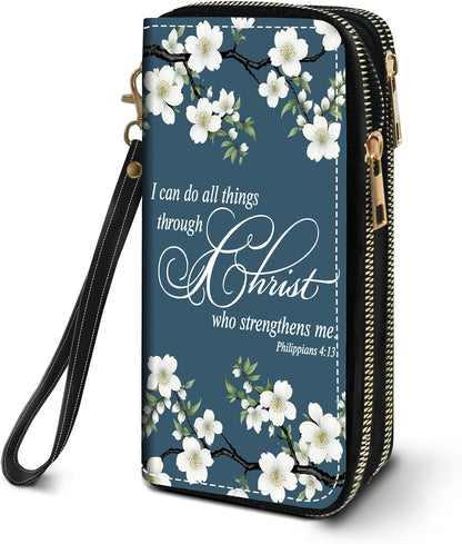 HOTWomen's Large Capacity Wallet PU Leather Double Zipper Clutch Purse Multifunctional Wallet with Removable Wristlet Strap for Smart Phone/Coin/Card/Cash, Floral Quotes Bible Verse Philippians 4-13