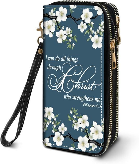 HOTWomen's Large Capacity Wallet PU Leather Double Zipper Clutch Purse Multifunctional Wallet with Removable Wristlet Strap for Smart Phone/Coin/Card/Cash, Floral Quotes Bible Verse Philippians 4-13