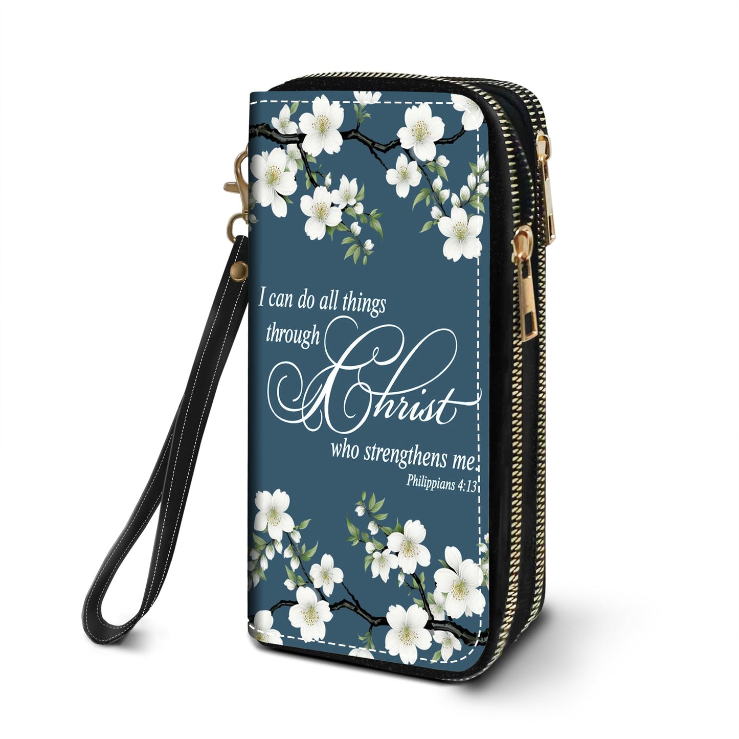 HOTWomen's Large Capacity Wallet PU Leather Double Zipper Clutch Purse Multifunctional Wallet with Removable Wristlet Strap for Smart Phone/Coin/Card/Cash, Floral Quotes Bible Verse Philippians 4-13