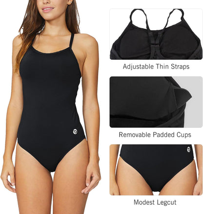 HOTbaleaf Women's Athletic Training Adjustable Strap One Piece Swimsuit | UPF 50+;Quick Dry;Moderate Coverage;Removable Padded;Adjustable Straps;Keyhole Back;Good for Swimming,Surfing,Diving,Training