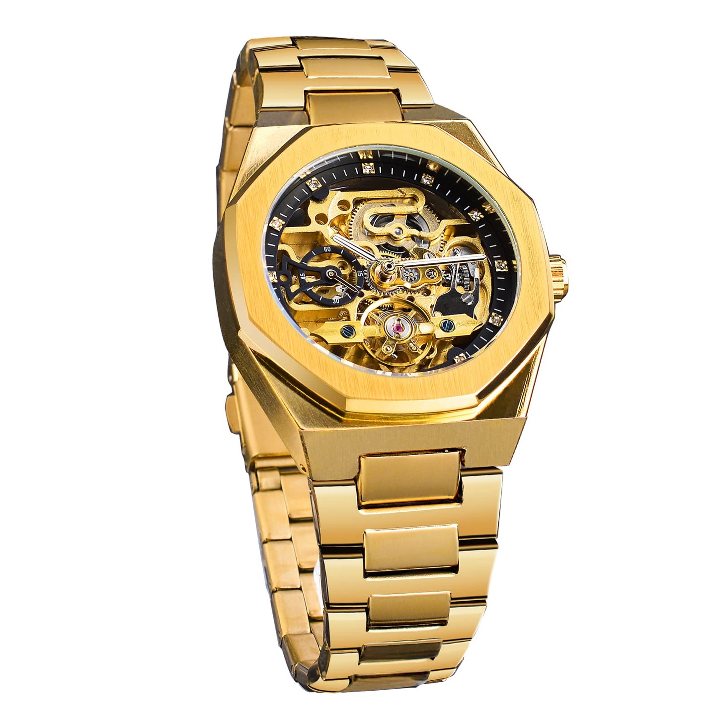 HOTFORSINING Vintage Watch for Men Engraved Automatic Self-Wind Mechanical Big Dial Luminous Moon Phase Golden Hollow Tattoo Pattern Wrist Watches, Mechanical