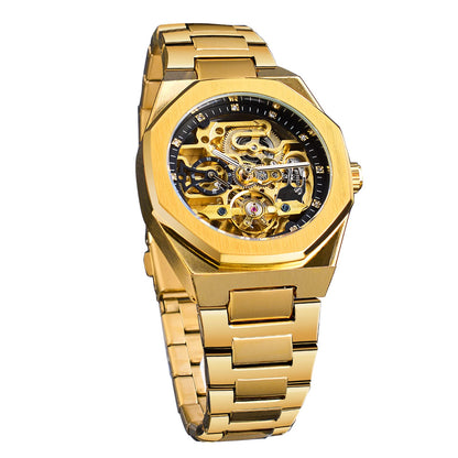 HOTFORSINING Vintage Watch for Men Engraved Automatic Self-Wind Mechanical Big Dial Luminous Moon Phase Golden Hollow Tattoo Pattern Wrist Watches, Mechanical