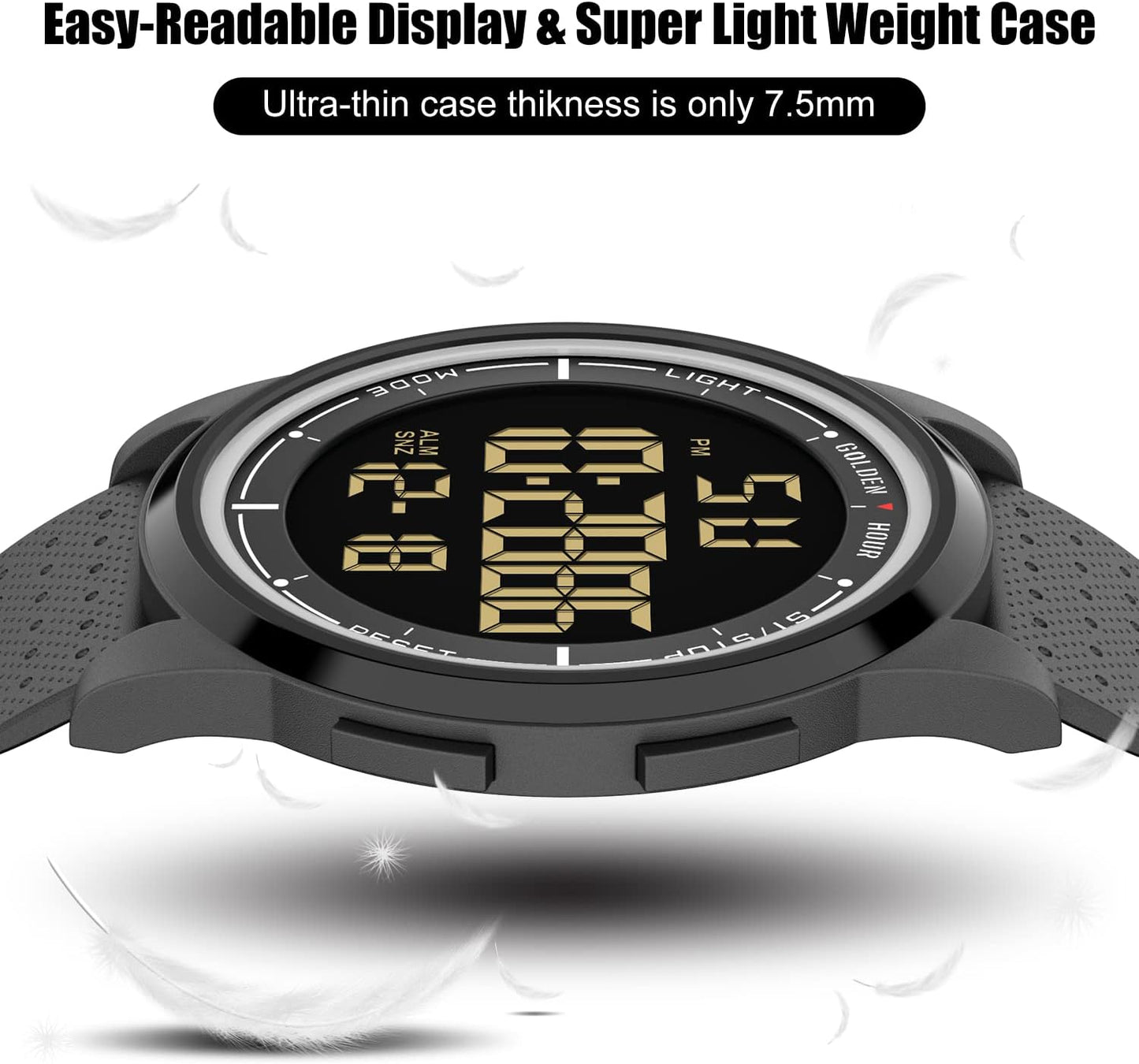 HOTGOLDEN HOUR Ultra-Thin Minimalist Sports Waterproof Digital Watches Men with Wide-Angle Display Rubber Strap Wrist Watch for Men Women