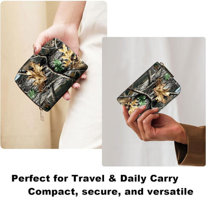 HOTWomens Card Wallet with Zipper, RFID Blocking Small Credit Card Holder Case, PU Leather Accordion Card Wallet for Women, Compact Travel ID & Cash Organizer, Camouflage With Oak