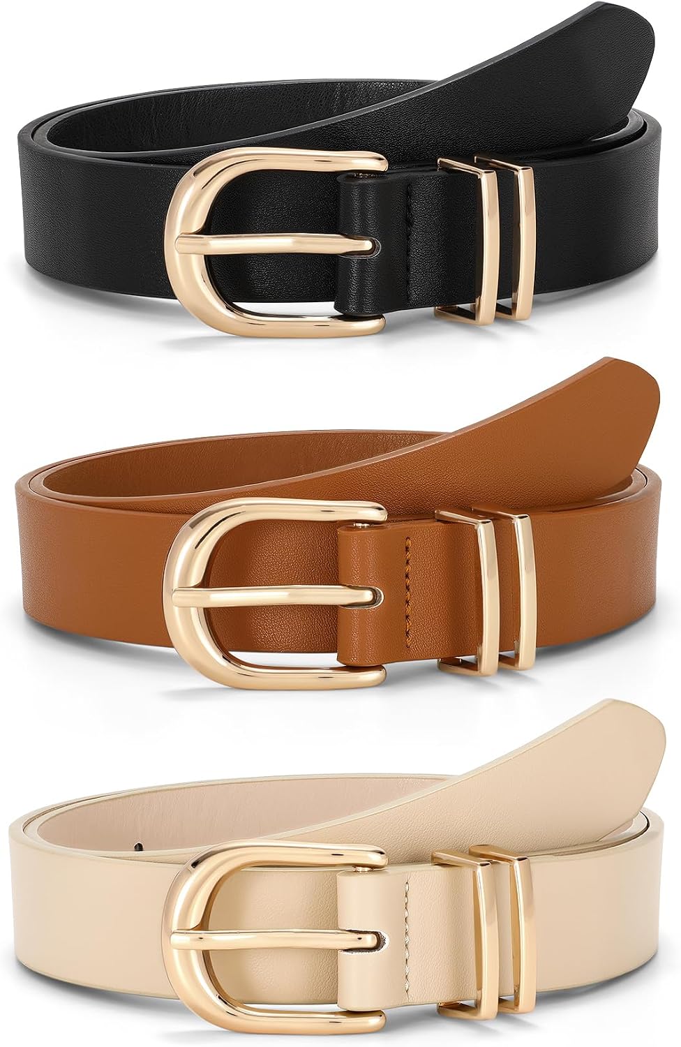 HOTJASGOOD 3 Pack Women Leather Belts For Jeans Dresses Pants Ladies Faux Leather Waist Belt with Gold Buckle