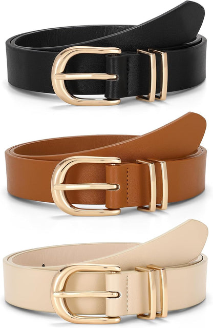 HOTJASGOOD 3 Pack Women Leather Belts For Jeans Dresses Pants Ladies Faux Leather Waist Belt with Gold Buckle