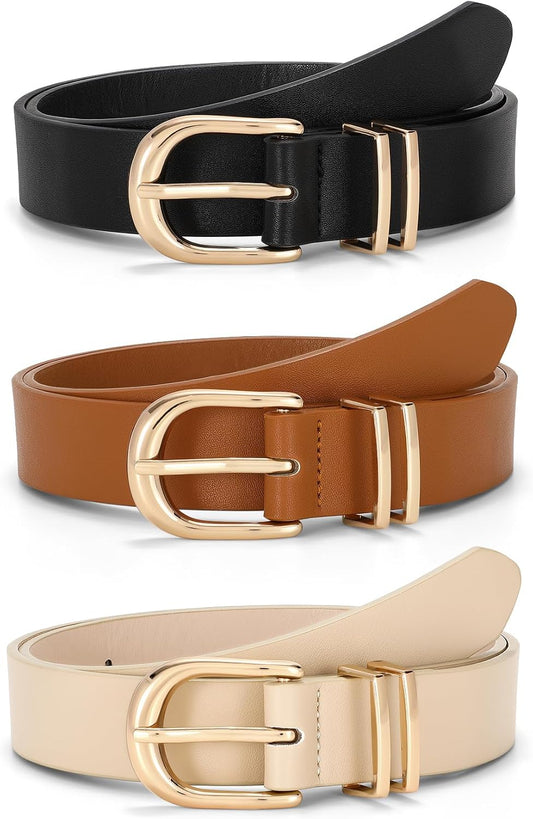 HOTJASGOOD 3 Pack Women Leather Belts For Jeans Dresses Pants Ladies Faux Leather Waist Belt with Gold Buckle