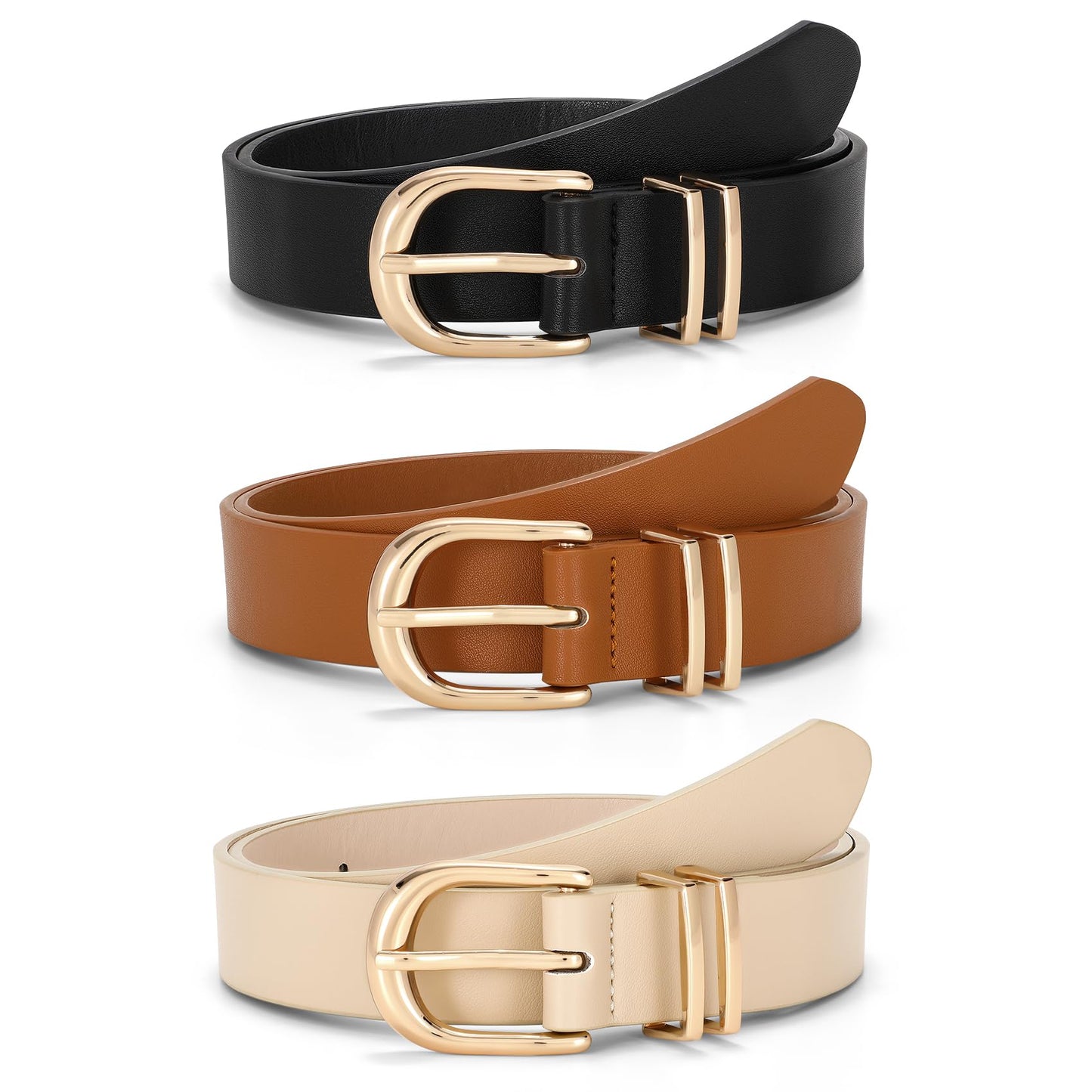 HOTJASGOOD 3 Pack Women Leather Belts For Jeans Dresses Pants Ladies Faux Leather Waist Belt with Gold Buckle